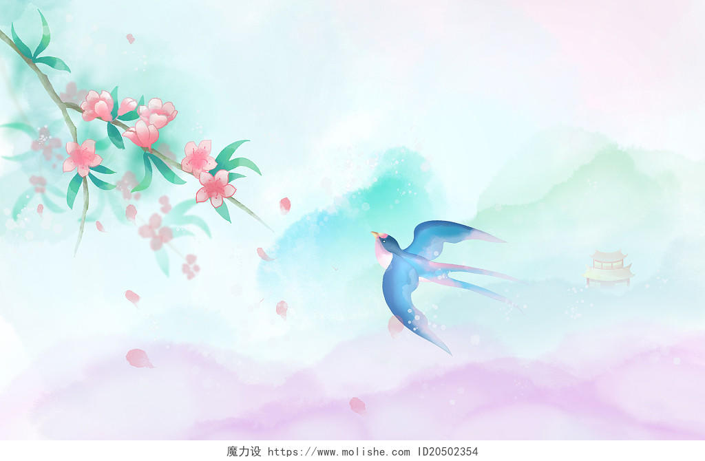 手绘中国风古风春天桃花燕子插画海报背景春天燕子背景